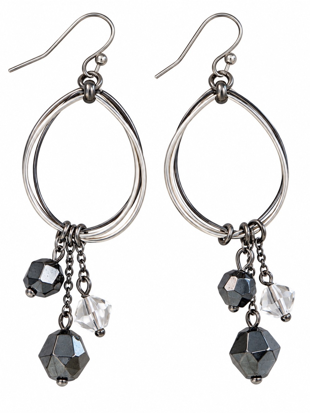 Gunmetal Silver Tone Teardrop Hoop Dangle Earrings Crystal Beads